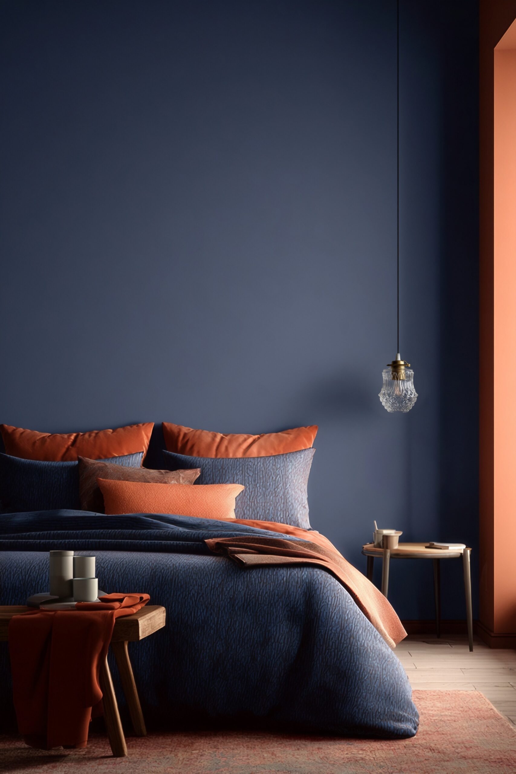 Suspension Anaïs en verre taillé avec finition laiton au‑dessus d une table de chevet dans une chambre bleu nuit et terracotta
