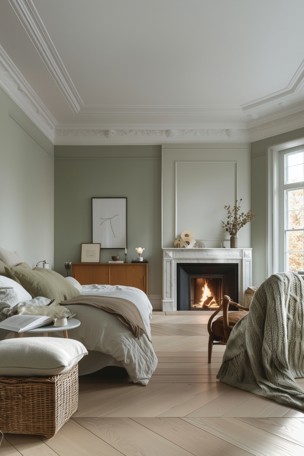 Chambre chaleureuse avec lit confortable, cheminée allumée, parquet en bois clair et grande fenêtre illuminant la pièce.