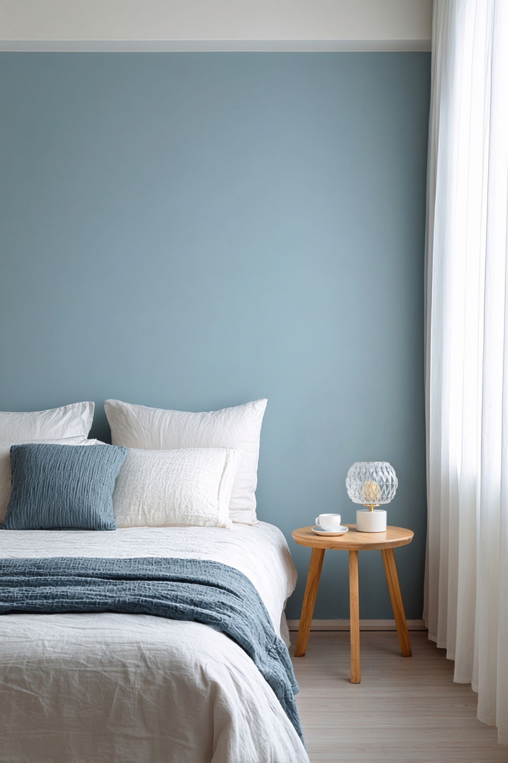 Chambre minimaliste bleu et blanc avec lit en linge clair et lampe Valentine sur une table en bois près du rideau.