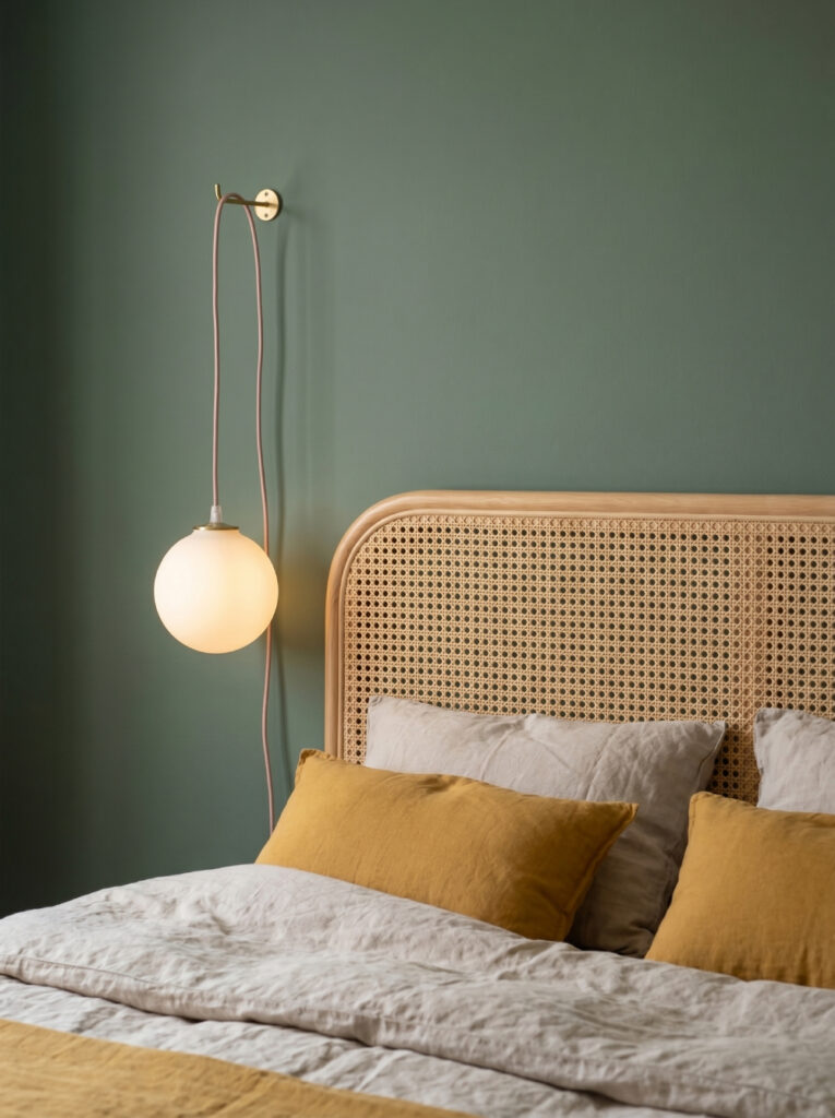 Baladeuse vintage Louna par Alfama Chic, globe en verre opalin et câble coton rose, suspendue à un crochet en laiton sur un mur vert sauge à côté d'une tête de lit en cannage, linge de lit en lin et coussins moutarde, chambre slow déco