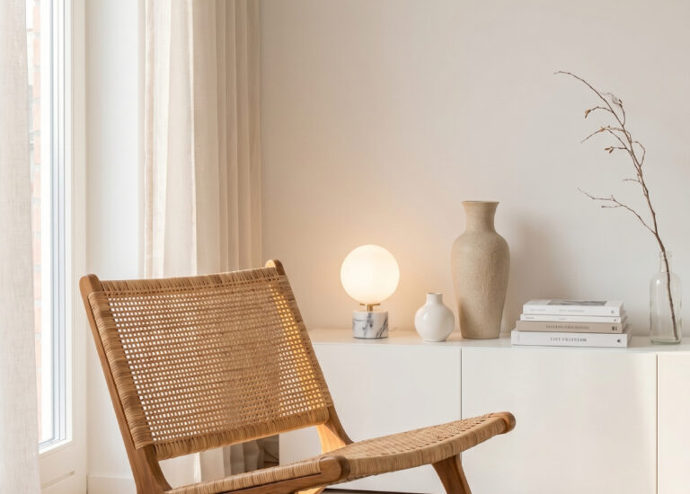 Candeeiro de mesa vintage Laura da Alfama Chic, globo em vidro opalino e base em mármore veado, colocado sobre um móvel baixo branco numa sala minimalista slow déco com poltrona de palhinha em teca e tapete de juta