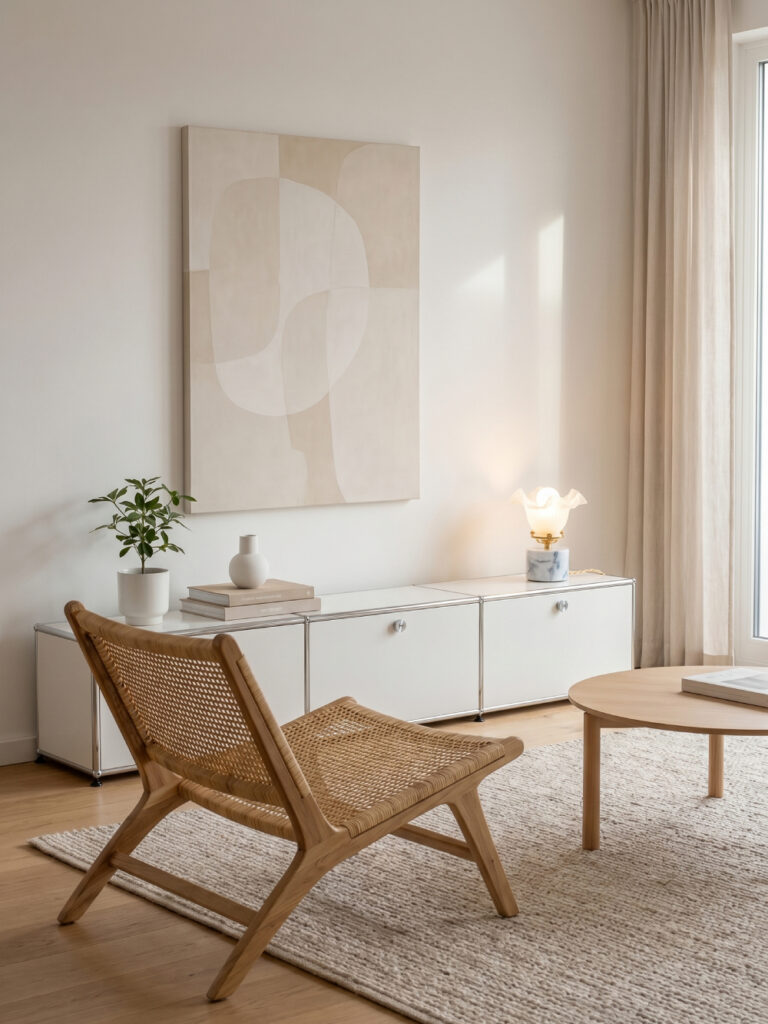 Salon Japandi minimaliste avec meuble USM blanc, fauteuil en bois et lampe de table Hortense en verre opalin sur base en marbre.