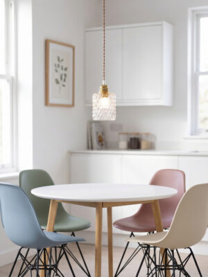 Suspension vintage Jeanne au-dessus d'une table ronde blanche, globe cylindrique en verre moulé-pressé losanges, chaises colorées pastels, cuisine blanche scandinave — Alfama Chic