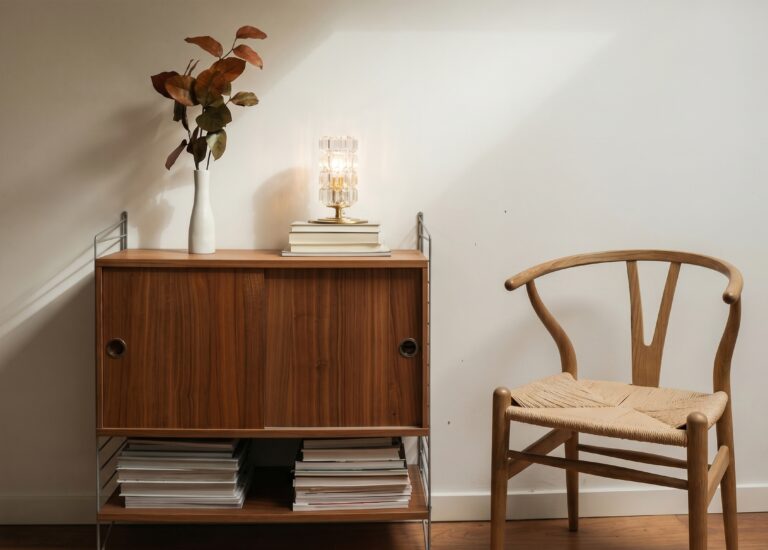 Lampe à poser Camille, abat-jour en verre moulé-pressé facetté et base en laiton brossé, posée sur une pile de livres sur une enfilade scandinave en noyer
