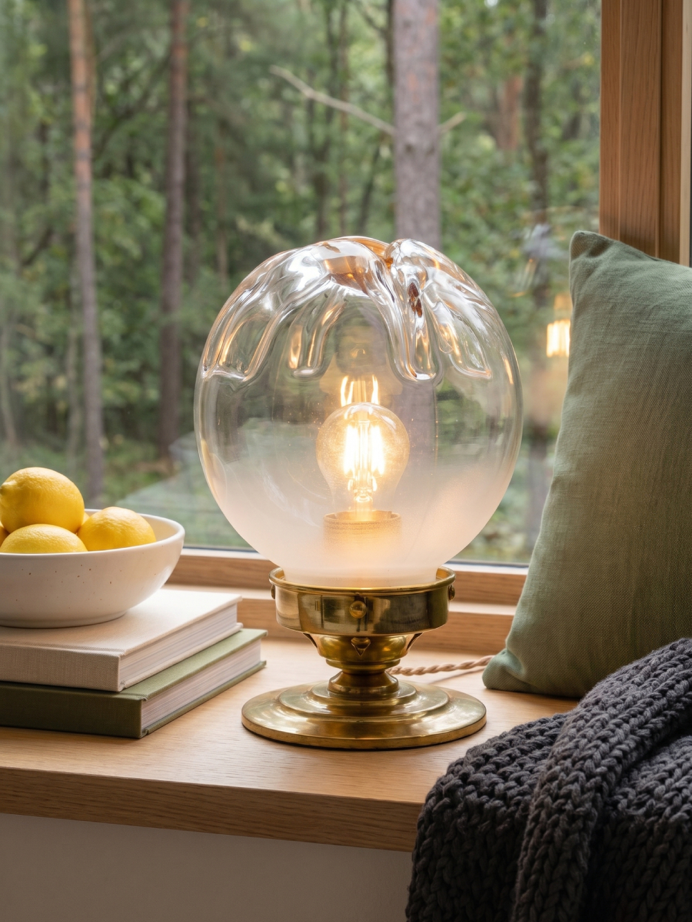 Lampe vintage globe verre style Murano allumée sur rebord de fenêtre en bois, base laiton massif, coussins verts et vue forêt en arrière-plan