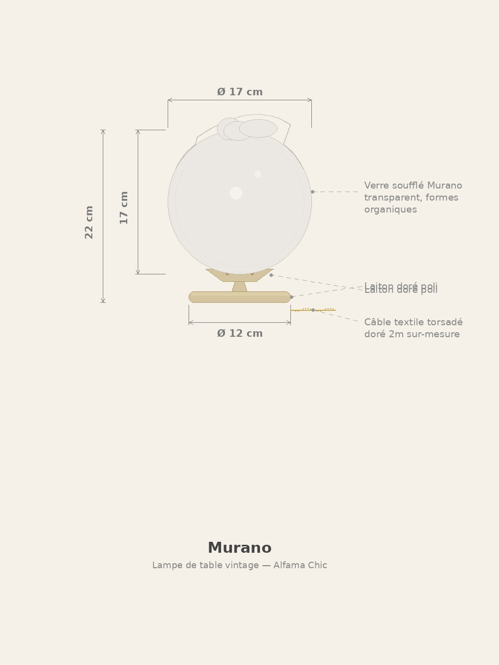 Schéma technique lampe Murano Alfama Chic : globe verre soufflé Ø17 cm, hauteur 22 cm, base laiton doré poli Ø12 cm, câble torsadé doré 2m