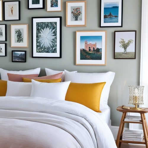 Lit avec draps blancs et coussins jaunes, mur décoré de cadres photos et illustrations, table d’appoint en bois avec lampe en verre. Cosy – Alfama Chic.